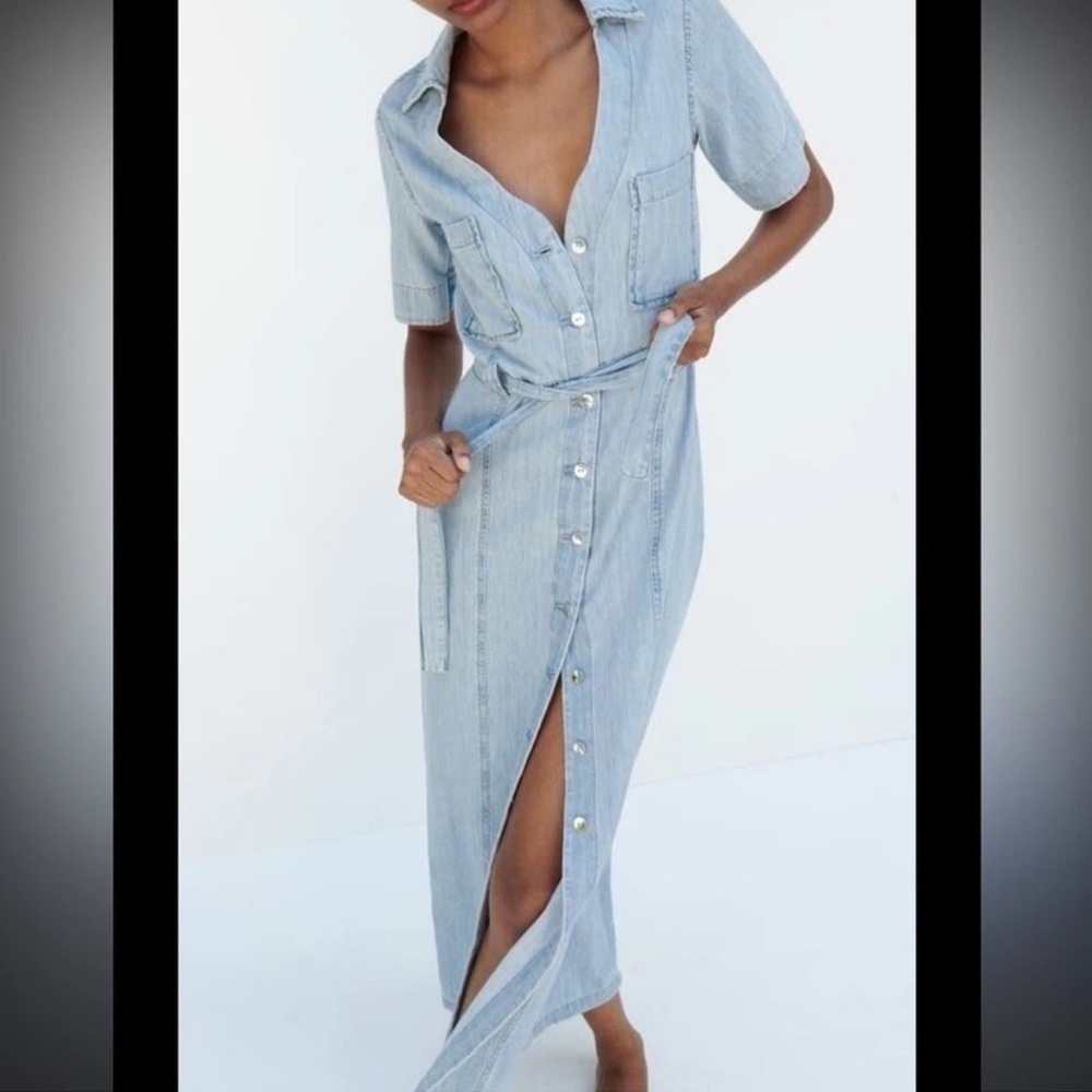 Zara Light Blue Denim Button-Down Maxi Dress